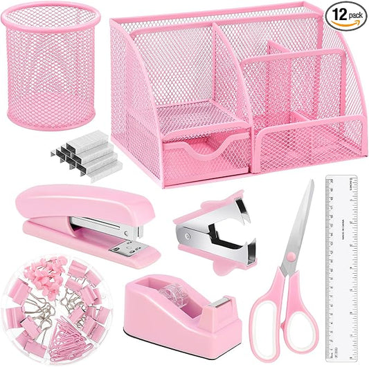 auroray Pink Desk Organizers and Accessories, Pink Office Supplies Include Mesh Desk Organizer, Tape Dispenser, Stapler, 1000 Staples, Staple Remover, Pen Holder, Clips Set, Ruler, Scissors