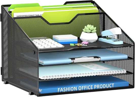 Desk File Organizer with 4 Letter Trays and 2 Vertical File Holders, Black | Metal Mesh Paper Letter Tray Organizer for Documents Folders Mail, Desk Organizers and Accessories for Home Office