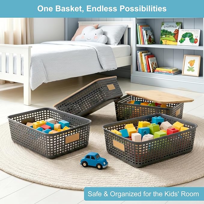 Bagnizer 4 Pack Plastic Storage Bins with Bamboo Lids, 6.2qt Stackable Storage Organizer Box with Lable for Pantry Shelves Drawers Desktop Office, 12"L x 8.3"W x 3.5"H, Gray
