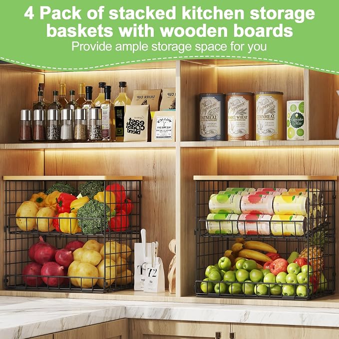 4 Pack Stackable Wire Baskets for Pantry Organizers and Storage, Pantry Baskets with Fixed Wooden Top, Fruit and Vegetable Storage Bins for Organizing Onion Potato Snack for Kitchen Cabinet/Countertop
