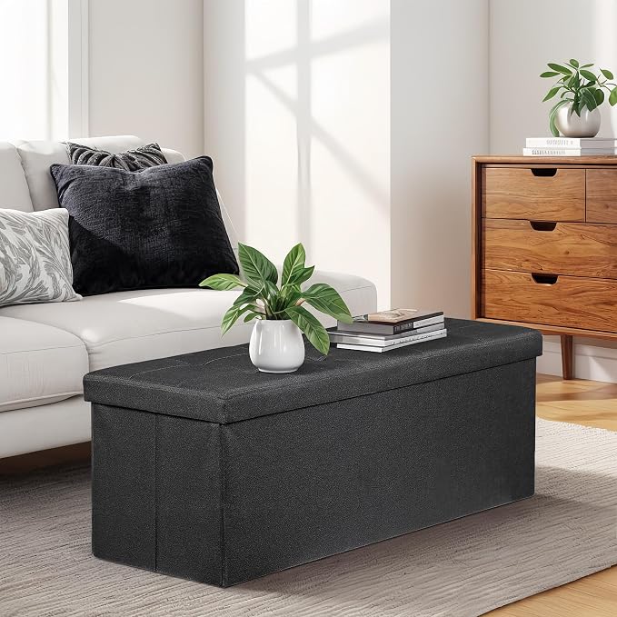 ZenStyle 43Inches Storage Ottoman Bench, Folding Footrest Padded Seat, Storage Chest Long Shoes Bench with Divider, Holds up to 660 lbs, for Living Room, Entryway, Bedroom, Black