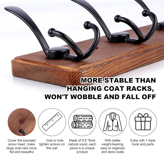 Large Coat Rack Wall Mount 38.6'' Rustic Wood Coat Rack Hook Long Coat Hooks Wall Mount Farmhouse Wall Hooks for Hanging Coat, Bags, Towels