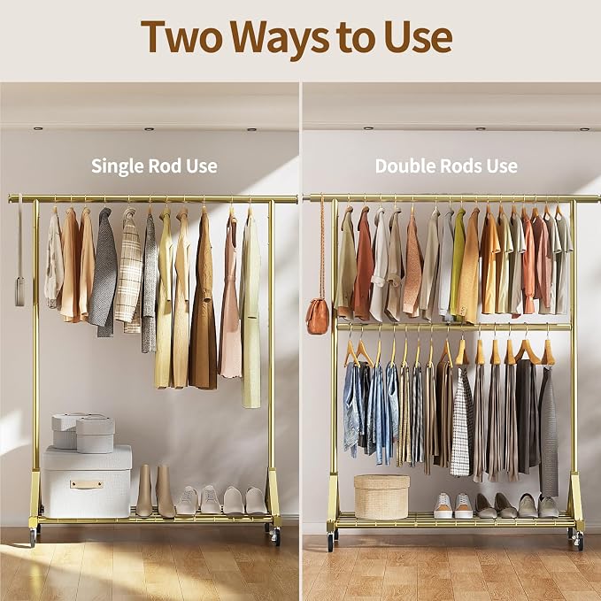 Luxspire Heavy Duty Clothes Rack with Lockable Wheels Load 600 LBS, Gold | Double hanging rods, heavy-duty iron mesh frame, adjustable extendable rods, ideal for laundry room & bedroom garment storage