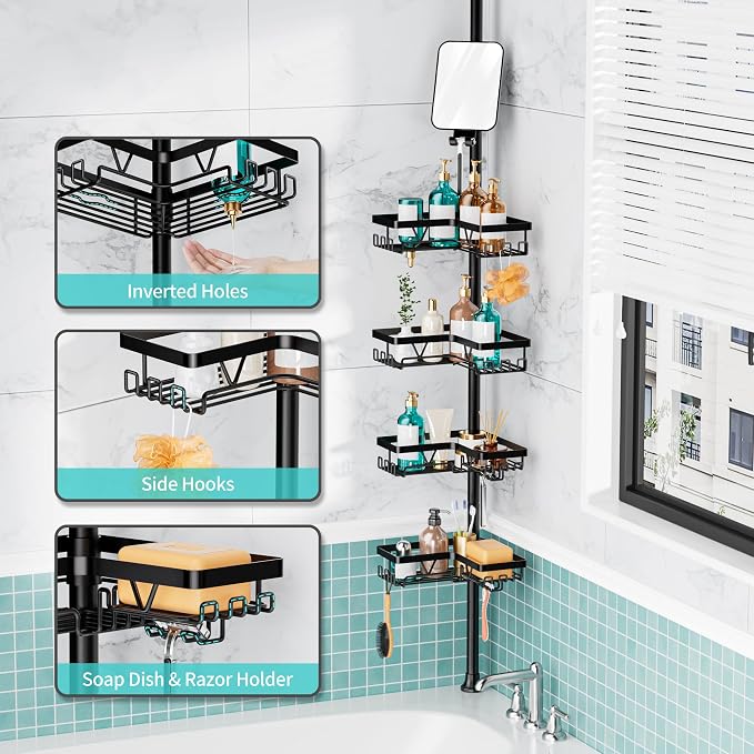 KEGII Shower Caddy Tension Pole, Fogless Mirror Bathroom Organizer, Black | Rustproof Corner Storage with Adjustable 25-114.2 inch Rod, No Drill Design for Shampoo and Shower Essentials