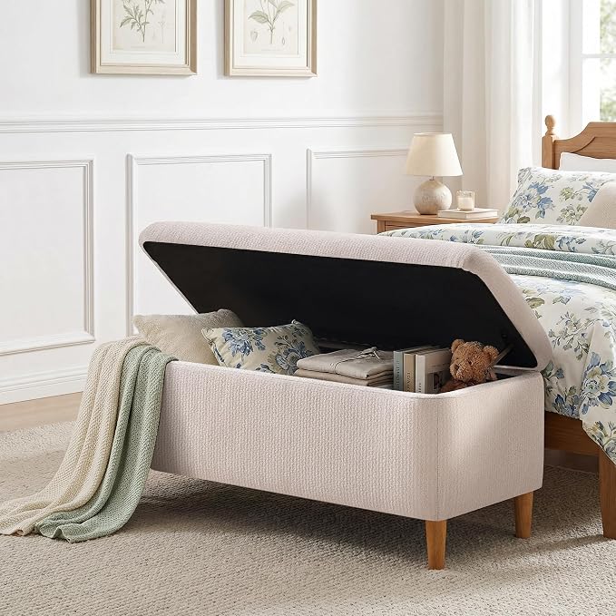 39.4”Ottoman with Storage Set of 2,Upholstered Comfy Storage Bench Ottoman with Wooden Legs,End of Bed Bench Footstool for Hallway Entryway Bedroom Living Room Corner Beige