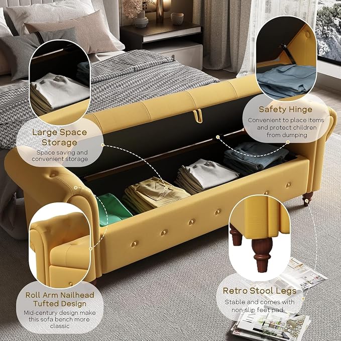NIOIIKIT 63'' Storage Ottoman Bench, Tufted Entryway Bench Yellow Polyester | Button Tufted End of Bed, Large Storage Space, Rolled Armed Ottoman Couch Long Bench for Bedroom, Living Room, Hallway