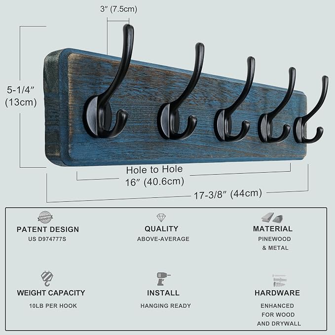 Coat Rack Wall: Patented, Heavy-Duty, 5-Double-Hooks Wooden Wall Mounted Coat Rack Coat Hanger Hook Rail for Winter Coats Hat Jacket Clothing, Weathered Blue, Pack of 2