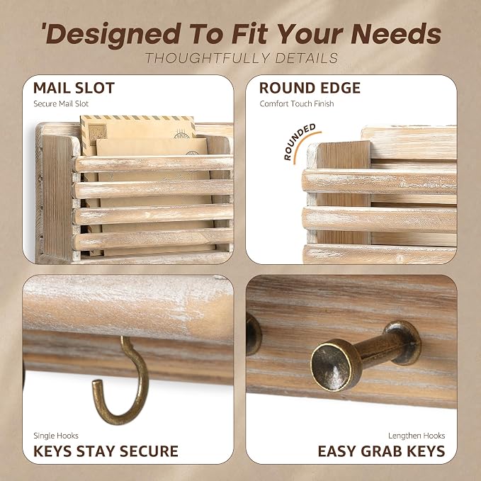 Rebee Vision Key Holder Wall Mount with Mail Slot for Room, Natural Wood | Key Holder for Wall, Pine Wood, 8 Key Hooks for Hats, Floating Shelf, Mail Sorter, Plant Display, Apartment Rustic Aesthetic