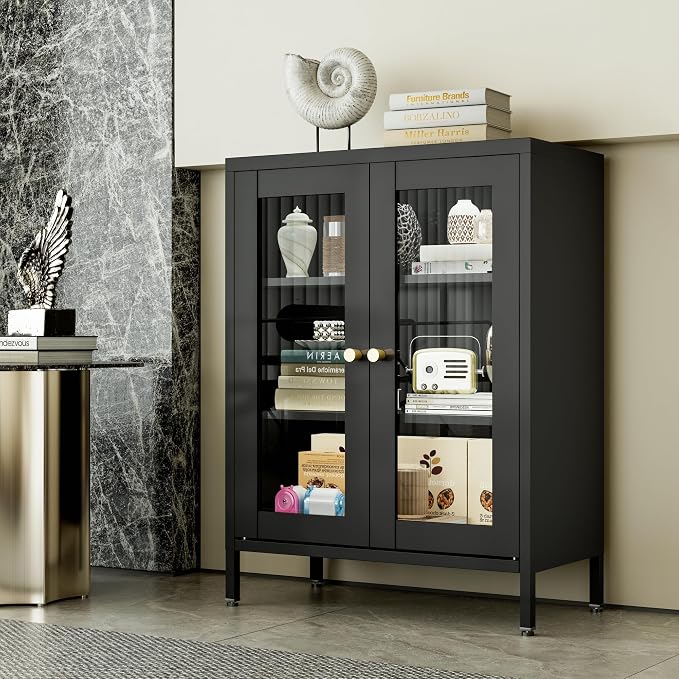 Small Display Cabinet with Glass Doors, 12" Deep Small Curio Showcase with Two Glass Doors, 23.6" Wide Metal Floor Storage Cabinet for Collectibles Books China for Entryway, Home Office, Living Room