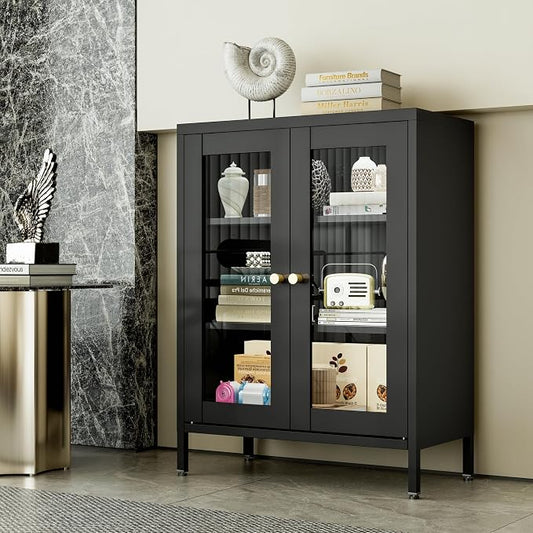 Small Display Cabinet with Glass Doors, 12" Deep Small Curio Showcase with Two Glass Doors, 23.6" Wide Metal Floor Storage Cabinet for Collectibles Books China for Entryway, Home Office, Living Room