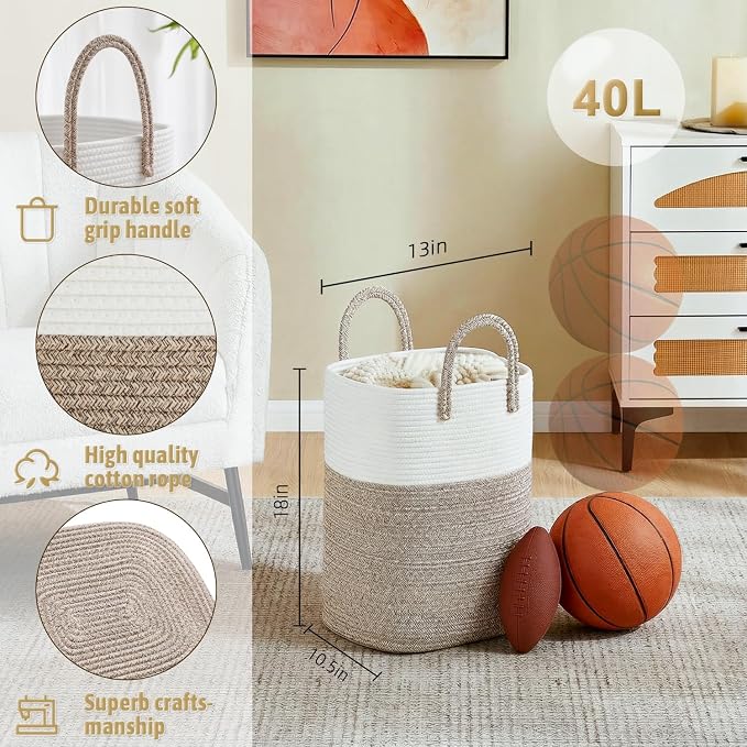 Artfeel Laundry Basket,Woven Cotton Rope Laundry Hamper,40L Versatile Storage for Dirty Clothes,Baby Toys,and Blankets in Bathroom, Nursery,and Living Room