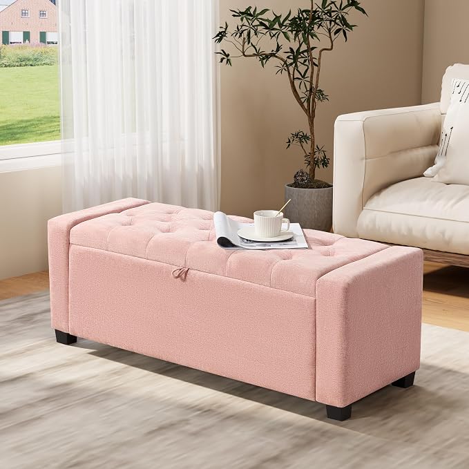 Royal Windsor Ottoman with Storage,Tufted Storage Bench with Safety Hinge,Holds up to 350 lb,Upholstered Bench with Seating for Bedroom, Living Room,Entryway,Pink