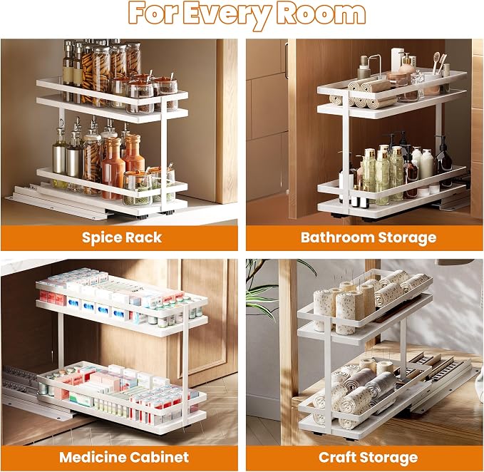 Pull Out Spice Rack 4Pcs Metal & Wood Seasoning Organizer White | No-Drill Install | Full-Extension Silent Glide | Each Tier Holds 10–12 Standard Spice Bottles | Rustproof, Wipe-Clean Surface