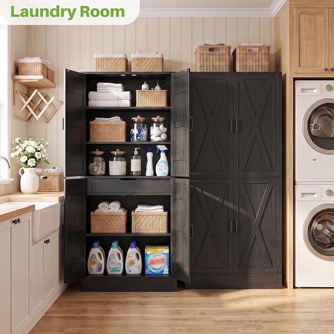 Unikito 71" Tall Kitchen Pantry Storage Cabinet with Built-in Drawer | 31.5" Wide Wood Farmhouse Storage Cabinet with Barn Doors and 3 Shelves, for Home Kitchen,Dining/Living/Laundry/Room