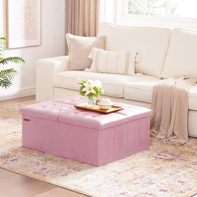 HAUSFRAU Ottoman with Storage Bench Folding Foot Rest Stool Pink | 31.5", Flip Lid, Small Upholstered Foldable Footrest Footstool, Bedroom Bench, Living Room Dorm Ottoman, Faux Leather