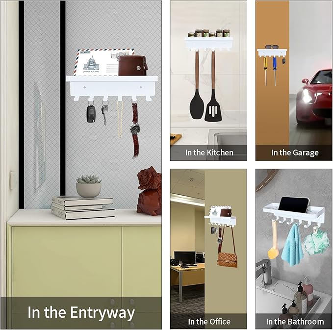 GTK Key Holder for Wall, Key Hooks with Tray and 6 Hooks, Wall Mounted Key Holder for Hallway, Key Rack with Shelf for Mail Storage (White)
