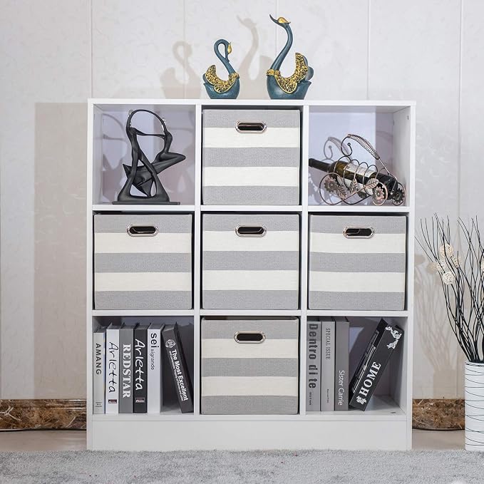11x11 Storage Cubes Collapsible Fabric Bins Set of 4,Grey-white Striped | Fabric Storage Drawers Cubby Organizer Bins Striped Container for Organizing Home Office Wardrobe Closet Shelf