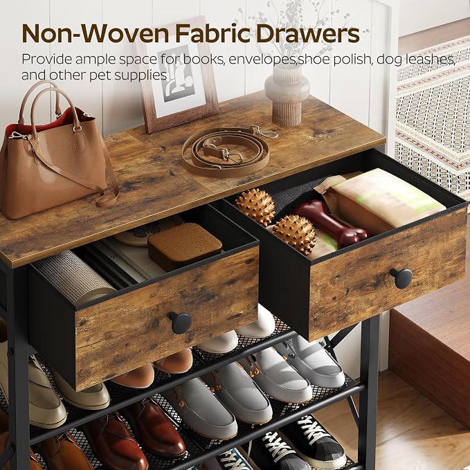 4 Tier Shoe Rack, Large Capacity Shoe Storage Organizer, Metal Shoe Shelf with Drawer and Wooden Top, for 16 Pairs of Shoes, for Entryway, Closet, Rustic Brown and Black SS24BR