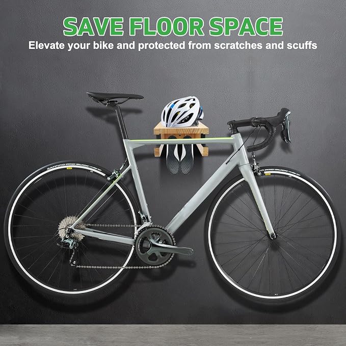 Wooden Bike Wall Mount Rack with Shelf and Hooks, Bike Hanger Wall Mount | Wood Wall Mount Bike Hangers for Garage, Space-Saving Indoor Bike Wall Mount Horizontal Storage Rack for Single Road Bicycle