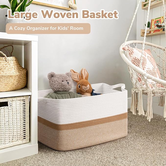 Goodpick Large Woven Blanket Basket, Cotton Rope, White & Camel Mix | 21.6 x 14.9 x 11.8 in, Rectangle, Living Room, Bedroom & Nursery Organization, Home Decor, Blankets & Toys Storage
