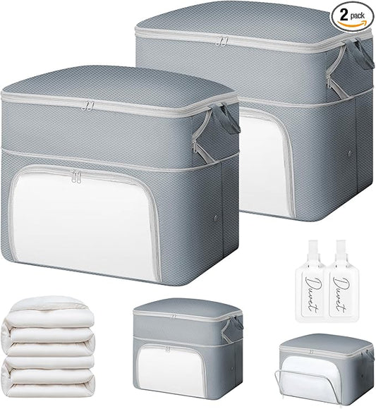 Comforter Storage Bag - Large Capacity Blanket Storage Bags Front-opening Ultra Space Saving Self Compression Organizer, Washable Compression Bags for Storage Comforter Blanket, 2 Pack, Grey