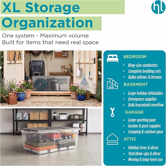 Home Logic 100 Qt Latched Storage Bin with Lid, Stackable Plastic Storage Container, Organizer for Home, Garage & Closet, 4 Pack, Gray