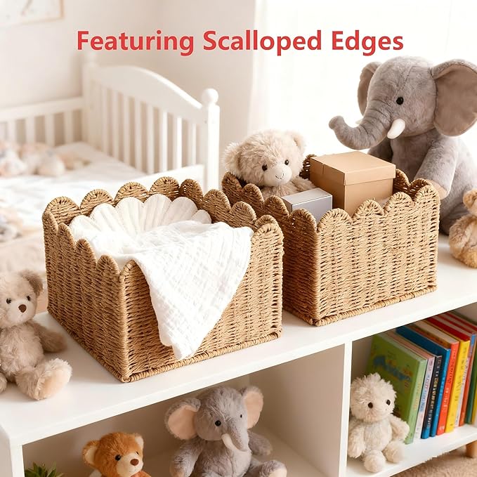 Scalloped Basket, Wicker Storage Baskets, Hand Woven Baskets for Shelves,Natural Baskets for Organizing (S-9.5" L x 9.5" W x 5.5" H)