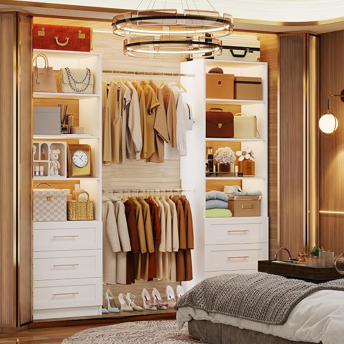 Fastgo Closet System with Drawers, 5-9FT Closet Organizer System with 4 Expandable Rods & Adjustable Shelves for Walk in Closet, 96” Built in Closet System Tower, Small Closet Storage System, White