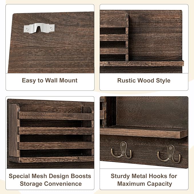Dahey Key Mail Holder Wall Mounted Wooden Hanger with 4 Double Hooks, Brown | Rustic Farmhouse Decor, Wall Mail Organizer with Shelf, Solid Wood Rack, Easy Install, Versatile Storage for Entryway Mudroom