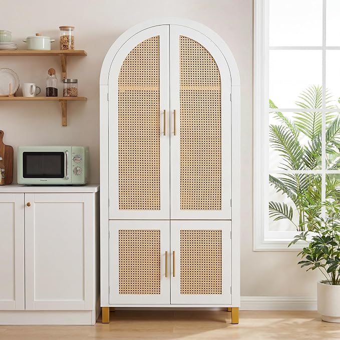 Merax 71" Arched Bookcase,Tall Pantry Storage Cabinet with Shelf Doors | Farmhouse Bookshelf with Rattan Doors Built-in Racks for Home Office,Kitchen,Dining Room,White