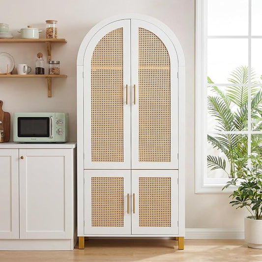 Merax 71" Arched Bookcase,Tall Pantry Storage Cabinet with Shelf Doors | Farmhouse Bookshelf with Rattan Doors Built-in Racks for Home Office,Kitchen,Dining Room,White