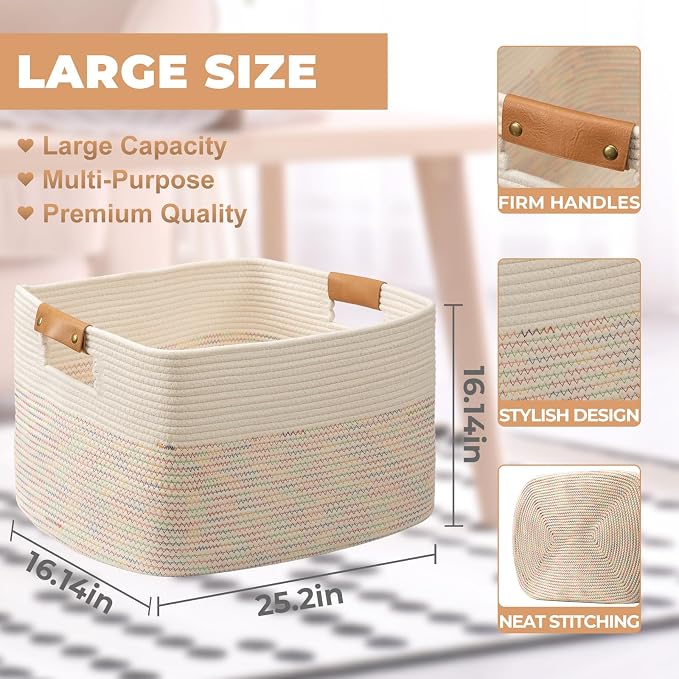danpinera 108L Large Basket for Living Room, Boho Decorative Basket Organizing with Handles, Cotton Rope Storage for Toys, Pillows, Clothes, 25’’*16’’*16’’ Rainbow