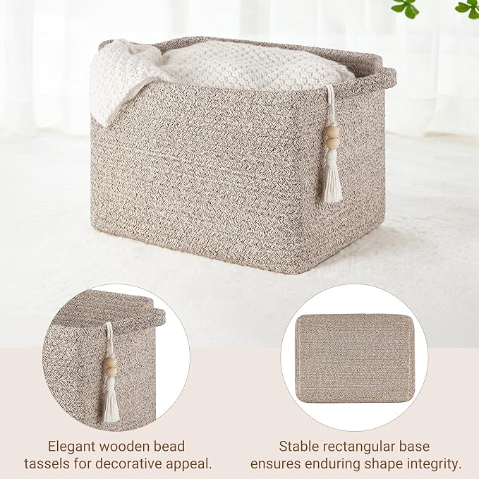 Mkono Woven Storage Basket, Cube Cotton Rope Basket for Shelves, 13"x10"x9" | Organizes Shoes Clothes Toys Towels Books, Gift Basket, Wooden Beads Tassel, Rectangle Bin, Fits Entryway Bedroom Living Room