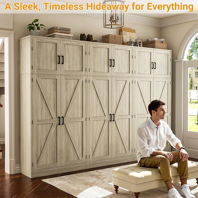 Unikito 71” Tall Pantry Storage Cabinet with Adjustable Shelves, Wash Gray | Large Farmhouse Kitchen Cabinet, Barn Doors, Sturdy and Deep, Versatile for Dinning Room, Living Room, Bathroom, Office