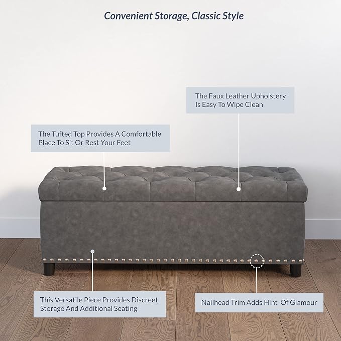 BELLEZE Storage Ottoman, Tufted Ottoman with Close Hinge, Foot Rest for Living Room (Rustic Gray, 47 inch)