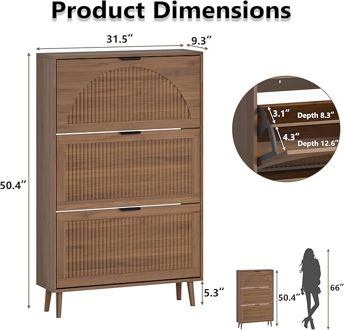 BORNOON Shoe Cabinet for Entryway with 3 Flip Drawers, Slim Wooden Shoe Storage Organizer with Modern Fluted Pannel，Freestanding Narrow Hidden Shoe Rack for Hallway, Foyer, Living Room