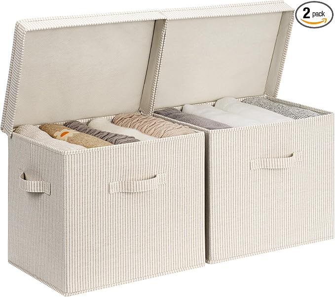 StorageWorks Storage Bins with Lid, Decorative Fabric Storage Bins with Handles, Stackable Closet Organizers for Shelves and Bedroom, Large, Khaki and Beige Stripes, 2-Pack