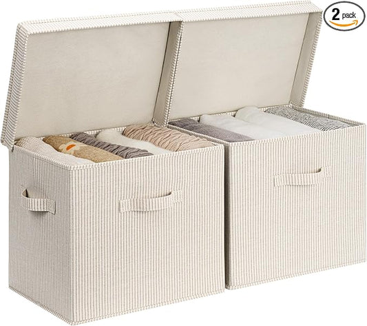 StorageWorks Storage Bins with Lid, Decorative Fabric Storage Bins with Handles, Stackable Closet Organizers for Shelves and Bedroom, Large, Khaki and Beige Stripes, 2-Pack
