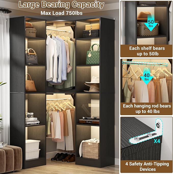 Besiost Corner Closet System with 12 Shelves, 39.2" Corner Organizer | L Shaped Closet with 2 Hanging Rods, Versatile 6-Tier Walk-in Closets for Corner Space, Black (39.2" L x 39.2" W x 80" H)