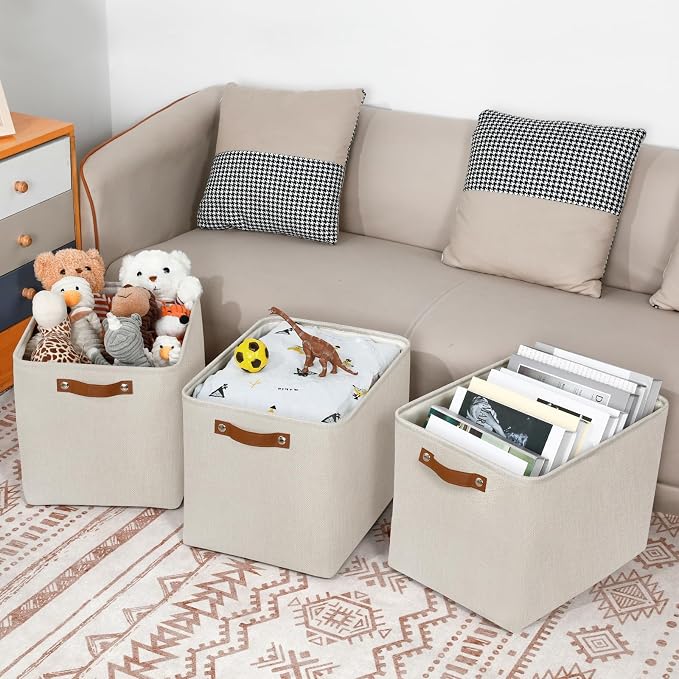 DULLEMELO Large Storage Baskets, Fabric Storage Bins for Organizing Clothes, Large Storage Bins with Handles for Shelves Closet Organizers, Fabric Storage Baskets for Toy Organizers(Beige)
