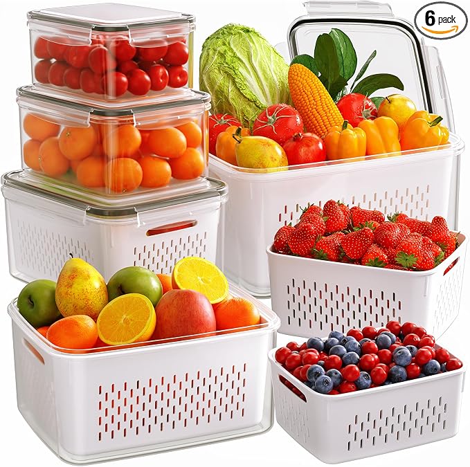 6 PCS Fruit Storage Containers for Fridge with Removable Colanders, 6 Plastic Food Storage Containers with 6 Lids, Leakproof Produce Containers Keep Fruits, Vegetables, Berry, Meat Fresh Longer