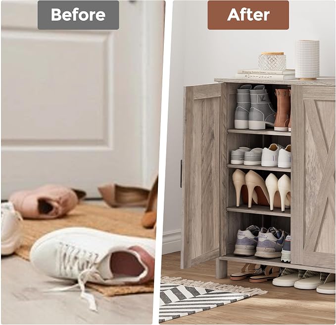 Homleke Farmhouse Shoe Cabinet with 2 Barn Doors & Wood Legs | Tall 4-Tier Shoe Storage Cabinet, 3 Adjustable Shelves, Shoe Rack Organizer, for Entryway, Hallway, Closet, Greige