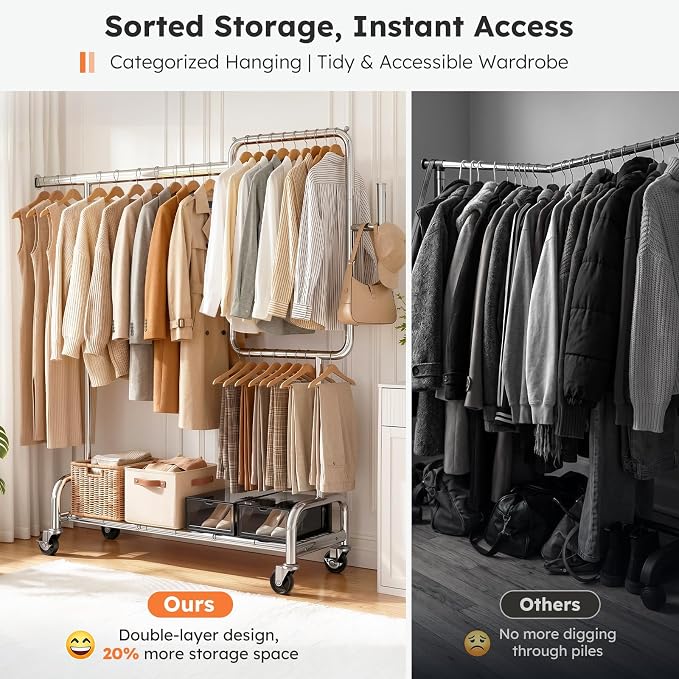 SOLEDI Heavy Duty Partitioned Clothes Rack, 600 LBS Load Metal Garment Rack with Shelves & Lockable Wheels, Rolling Hanging Rack for Bedroom, Laundry Room, Store & Garage (Silver)