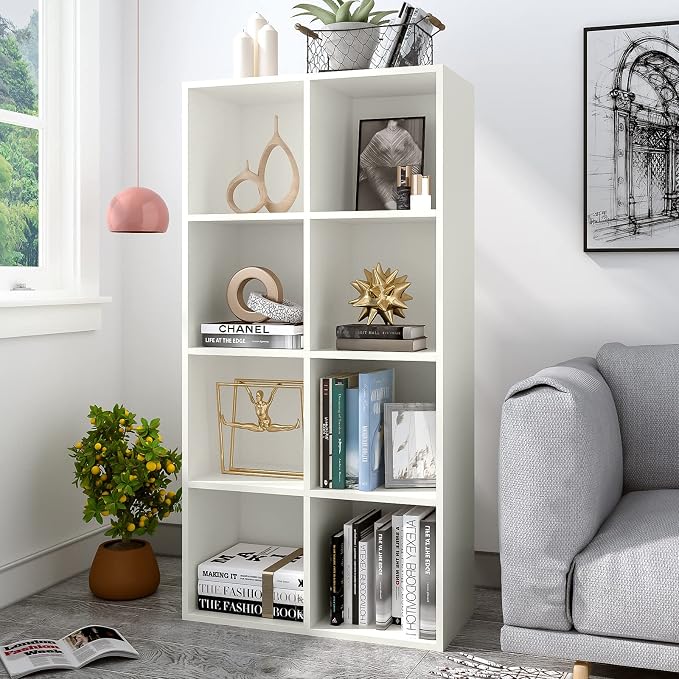 OSCHF 8-Cube Storage Shelf Bookcase, Warm White | Wooden 4-Tier Open Bookshelf, Fits 11×11" Bins, Vertical or Horizontal Use, Full Back Panels, For Home Office