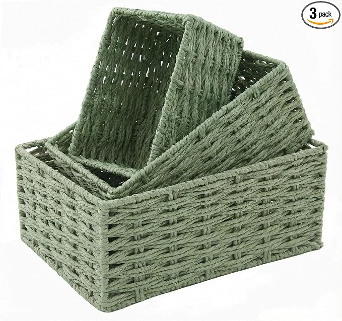 Small Wicker Basket for Organizing, Woven Storage Basket Set of 3 - Handwoven Natural Paper Rope Baskets to Declutter Any Room, Perfect for Organizing and Home Decor (Green)