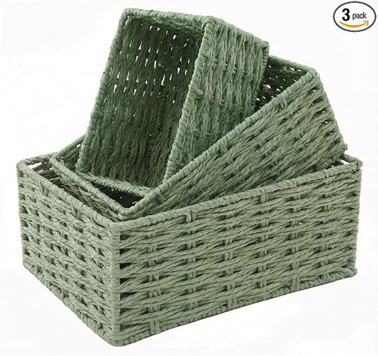 Small Wicker Basket for Organizing, Woven Storage Basket Set of 3 - Handwoven Natural Paper Rope Baskets to Declutter Any Room, Perfect for Organizing and Home Decor (Green)