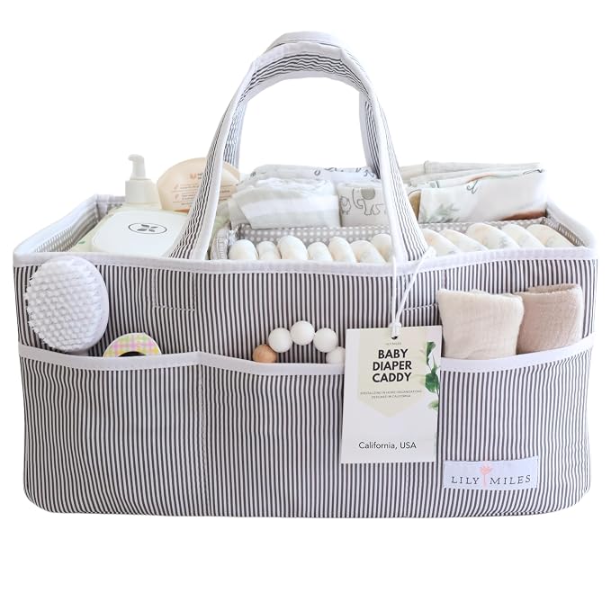 Baby Diaper Caddy Organizer, Baby Shower Basket for Newborn Boys or Girls, Nursery Must Haves for New Mom, Registry Favorites, Large Storage Tote for Changing Table or Car, Gray
