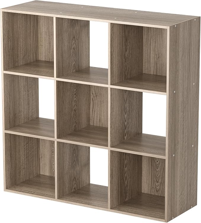 ZenStyle 9 Cube Storage Shelf Organizer, Wooden Bookshelf System Display Cube Shelves Compartments, Customizable W/ 5 Removable Back Panels (Natural)
