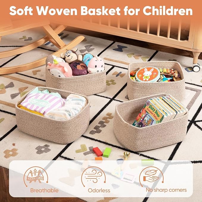 OIASKET 4 Pack Small Storage Shelf Baskets for Organizing, Mini Woven Rope Storage Bins for Towels, Cute Decorative Closet Organizer，Baby Nursery, Gift Empty Baskets -14.17''Lx11.02''Wx6.3''H-White