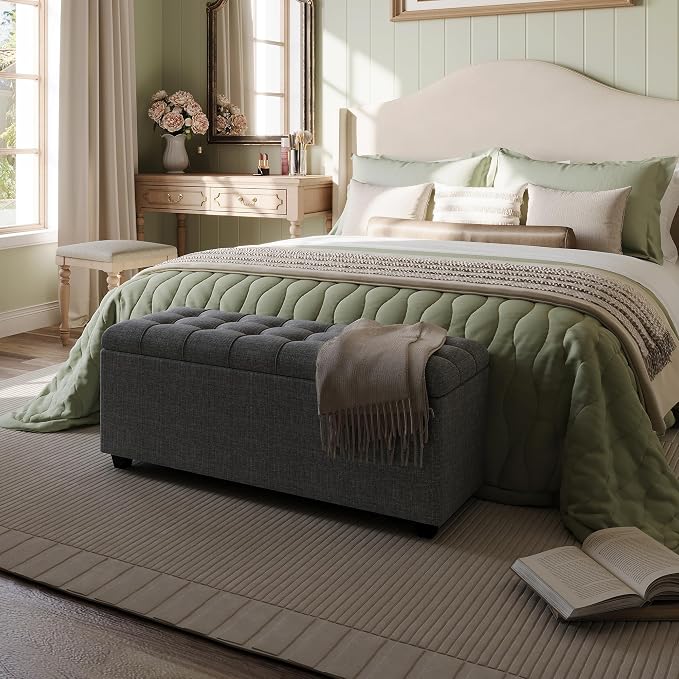 38" Dark Grey Fabric Storage Ottoman Bench with Hinged Lid | Solid wood frame bench, 4-leg easy assembly. Use as end-of-bed, footrest, entryway seat. Hinged hidden storage, multi-use.